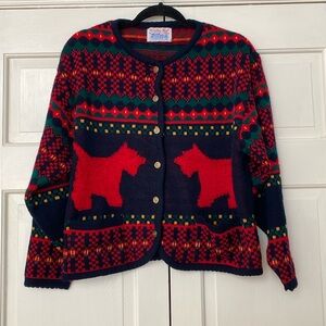 Vintage Tally Ho Womens Cardigan Red Black Scotty Dog Holiday Christmas Size XL